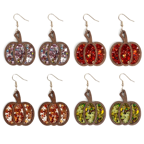 Pendientes Halloween Calabaza Marco Madera Brillo Acrílico Joyería Festiva Otoño Regalo Mujeres