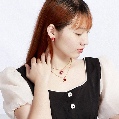 Stainless Steel Necklace And Earrings Jewelry Set Rhinestone Pave Disco Ball Round Crystal Double Layer Chain For Women