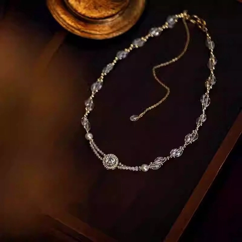 Crystal Zircon Beaded Necklace With Imitation Artificial Pearl Round Pendant French Elegant Light Luxury Jewelry For Women