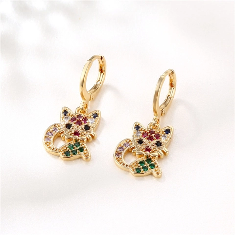 Orecchini Huggie Gatto Arcobaleno Rame Micro Intarsiato Zirconi Colorati Gioielli Animali Donne Con Silver Earring Post