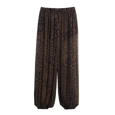 Women Leopard Print Harem Pants Pleated Chiffon High Waist Loose Lantern Trousers Elastic Waist Boho Chic