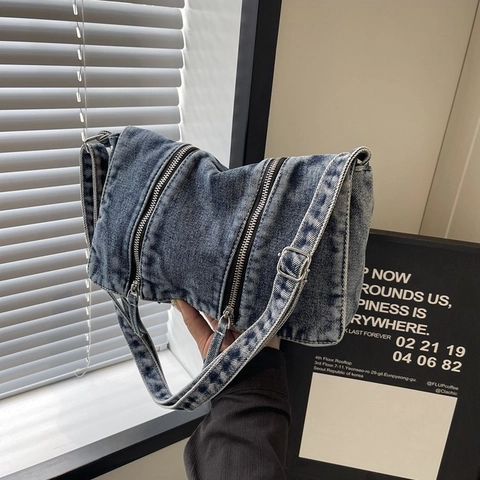 Retro Denim Crossbody Bag For Women Washed Denim Shoulder Tote With Vertical Zippers And Adjustable Strap Casual Style