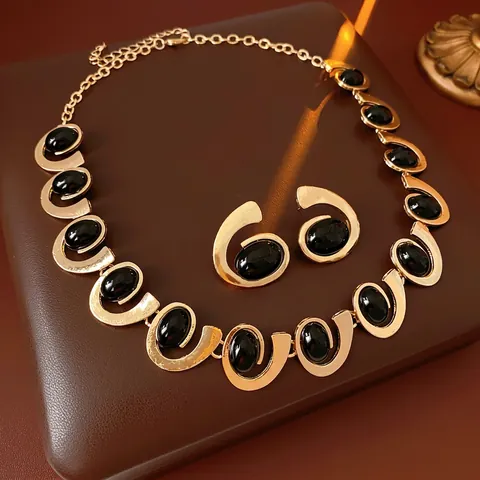 Set Collana Orecchini Lega Resina Nera Ovale Geometrica Con Perno In Acciaio Gioielli Stile Vintage Per Donna