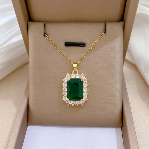 Collana Con Pendente Rettangolare Verde Smeraldo Catena Acciaio Inossidabile Rame Zircone Halo Gioielli Lusso Vintage Donna