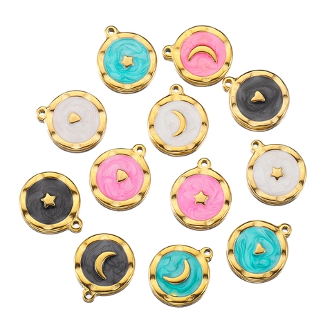 Breloques Rondes En Acier Inoxydable Avec Motifs Étoile Lune Cœur En Émail Accessoires De Fabrication De Bijoux DIY