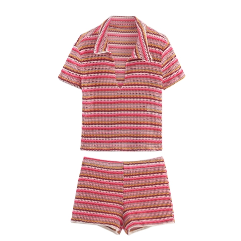 Bunter Gestreifter Häkelstrick Kurzarm Polo Shirt Und Shorts Streetwear Mode Für Damen
