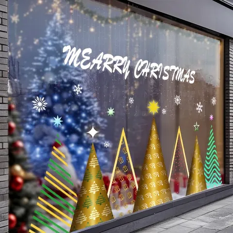 Christmas Window Stickers Static Cling PVC Double Sided Gold Green Geometric Tree Snowflake Decals Holiday Glass Decor