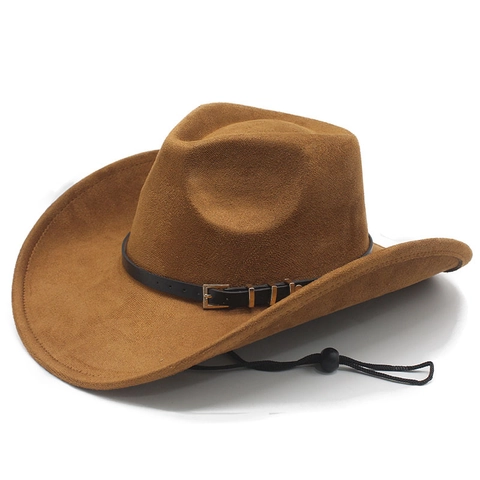 Western Cowboy Hat Suede Polyester Large Brim Vintage Jazz Fedora With Adjustable Chin Strap And Decorative Belt For Outdoor Travel