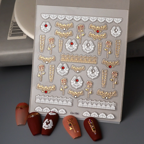 Pegatinas Uñas Relieve 5D Rosa Dorada Encaje Blanco Estilo Corte Vintage Decoración Diamantes Imitación