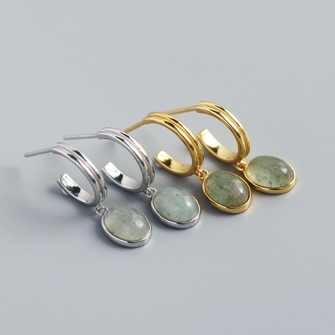 925 Sterling Zilveren Hoop Oorbellen Met Groene Aventurijn Ovalen Hanger Minimalistisch Geometrisch C Vorm Retro Stijl