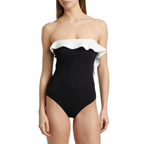 Swimsuit And Ruched Skirt With Ruffle Trim Black White Contrast Off Shoulder Nylon Polyester Beach Vacation