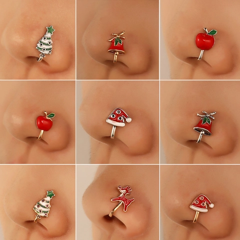 Copper Enamel Christmas Nose Cuff Non Piercing Nose Ring Reindeer Tree Bell Hat Apple U Shaped Festive Jewelry For Women