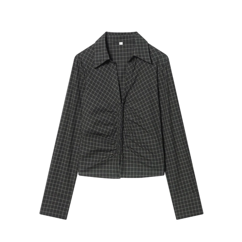 Dames Geruit Shirt Lange Mouwen Polyester Geplooide V-Hals Slim Fit Casual Elegante Top Grijs Zwart Geblokte Blouse
