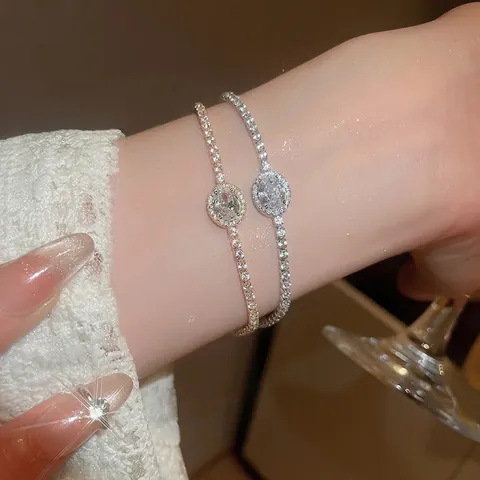 Elegant Oval Zircon Copper Bracelet For Women Luxury Halo Tennis Chain With Adjustable Extension Lobster Clasp Jewelry