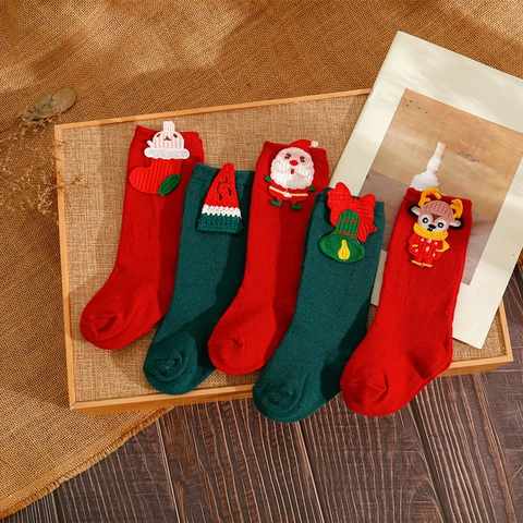 Calcetines Navidad Niños Algodón Peinado Bordado 3D Papá Noel Reno Media Pantorrilla Invierno Suave Cálido Bebé Niño
