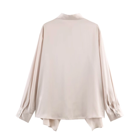 Women Satin Shirt Long Sleeve Asymmetric Hem Elegant Champagne Blouse Button Down Lapel Solid Color Office Lady Tops