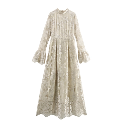 Elegante Maxi-Jurk Van Geborduurd Kant Opstaande Kraag Uitlopende Mouwen Hoge Taille Franse Vintage Lange Jurk