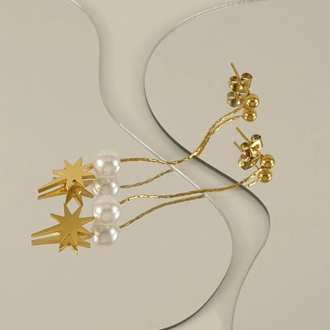 Orecchini A Nappa Lunga Con Stella E Perla Artificial Acciaio Inossidabile Placcato Oro 18K Gioielli Di Moda Per Donna