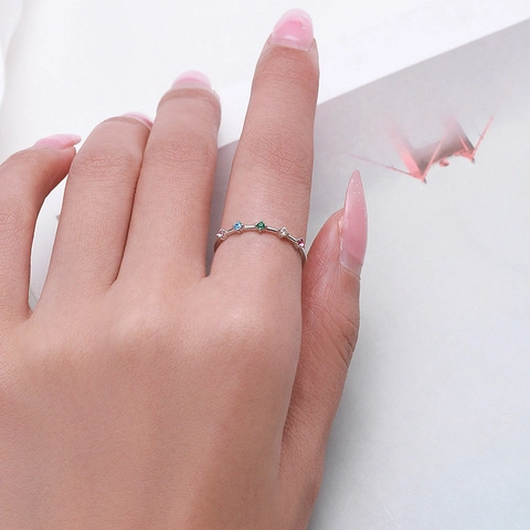 925 Sterling Silver Colorful Zirconia Ring For Women Minimalist Dainty Rainbow Inlaid Finger Ring Fashion Fine Jewelry Accessories