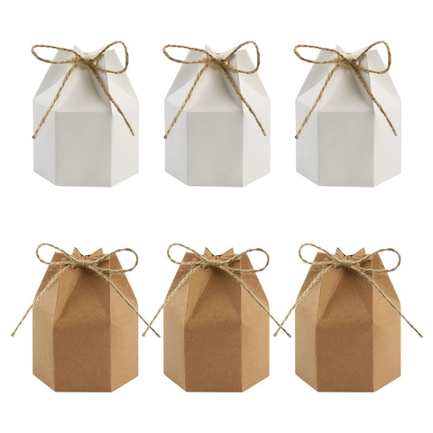 Hexagonal Kraft Paper Gift Box With Hemp Rope Foldable Candy Packaging Boxes European Vintage Style Wedding Party Favor