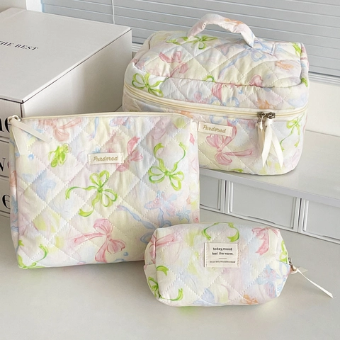 Cosmetic Bag Quilted Cotton Bow Floral Portable Travel Makeup Organizer Storage Pouch Handbag Contrast Color For Women