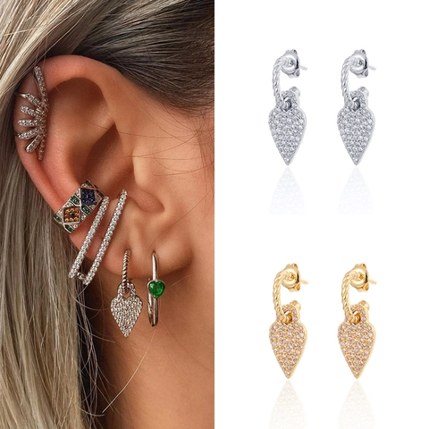 Zircon Pave Heart Drop Earrings Copper Plated Gold Twisted Rope Hoop Bohemian Style Vintage For Women
