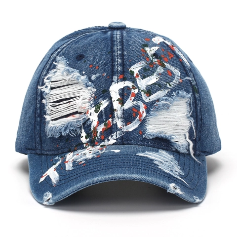 Distressed Denim Baseball Cap Ripped Cotton Hat Retro Streetwear Paint Splatter Letter Print Adjustable Sun Hat