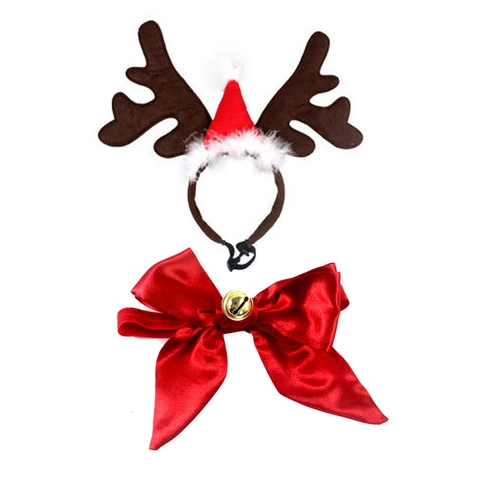 Christmas Pet Accessory Reindeer Antler Headband Santa Hat Red Bowtie Scarf Polyester Plush For Dogs Cats Holiday