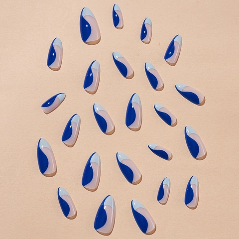 Mandel Press On Nägel Blau Französisch Abstraktes Wellendesign Lang Spitz Falsche Nägel Mit Kleber Und Feile Elegante Maniküre Für Frauen