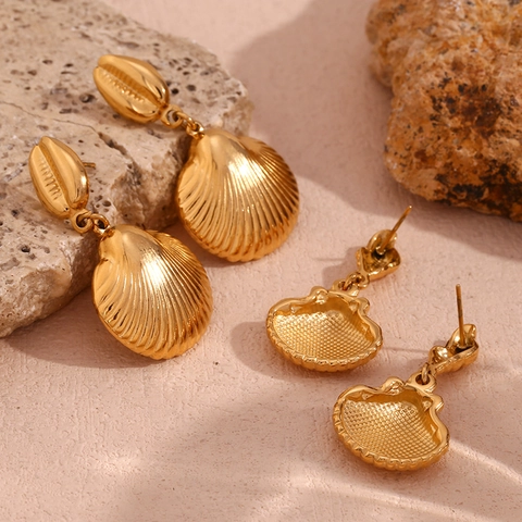 Boucles d'Oreilles Pendantes Coquille en Acier Inoxydable Plaqué Or 18K Design Marin Élégant Bijoux Femme