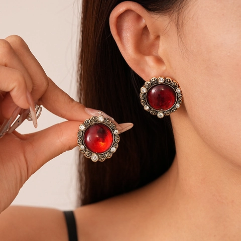 Vintage Runde Rote Harz Ohrstecker Mit Legierung Strass Und Silver Earring Post Französischer Retro Stil Für Damen