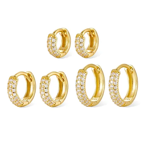 Boucles D'oreilles Huggie Hoop En Argent Sterling 925 Triple Rangée De Zircons Pavés Face Large Ronde Bijoux De Mode Minimaliste
