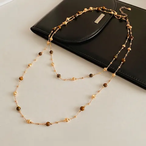 Gold Überzogene Tigerauge Stein Mehrlagige Halskette Perlen Lange Pulloverkette Retro Eleganter Schmuck Für Damen