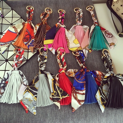 Satin Scarf Tassel Bag Charm PU Leather Bow Keychain Handbag Pendant Women Fashion Accessories Elegant