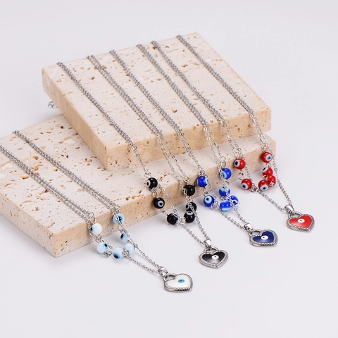 Evil Eye Herz Anhänger Doppelreihige Halskette Und Ohrstecker Edelstahl 18K Vergoldet Retro Schmuck Damen