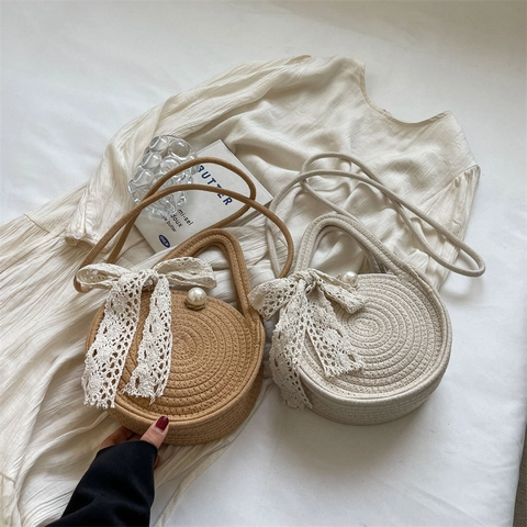 Borsa Rotonda In Paglia Intrecciata A Mano Spiaggia Estate Con Fiocco In Pizzo E Decorazione Perla Artificial Elegante Boho