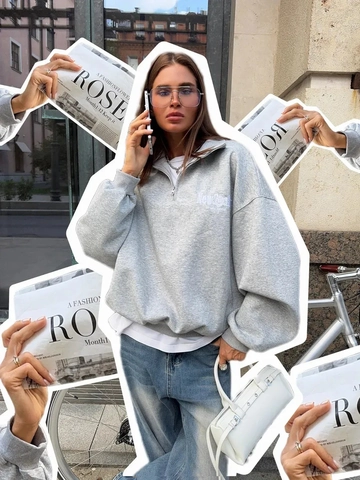Felpa Con Mezza Zip Da Donna In Cotone Maniche Lunghe Spalle Scese Vestibilità Ampia Collo Alto Lettera Ricamata