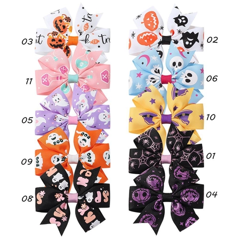 Halloween Kids Ribbon Bow Hair Clip Set Pumpkin Ghost Spider Web Design Alligator Hairpin Girls Festive Party Hair Accessories