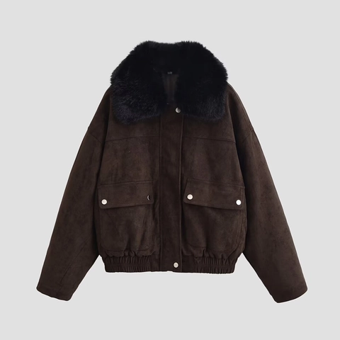 Chaqueta De Gamuza Para Mujer Con Cuello De Piel Sintetica Estilo Biker Vintage Abrigo Corto Ropa De Abrigo Casual Invierno