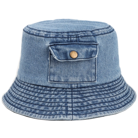 Denim Bucket Hat Women Vintage Washed Cotton Sunshade Fisherman Cap With Small Side Pocket Metal Button Short Brim Streetwear
