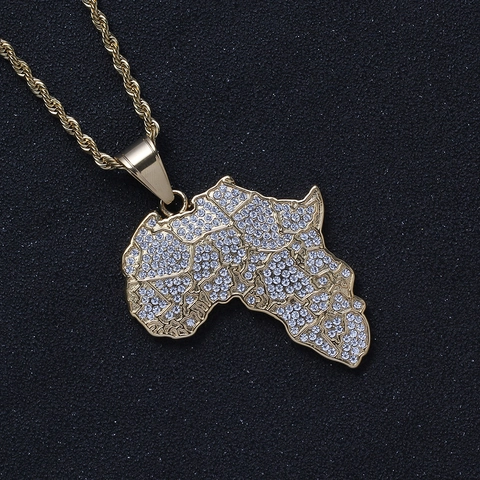 Collar Con Colgante De Mapa De África Acero Inoxidable Diamantes De Imitación Joyería Hip Hop Color Oro Para Hombres