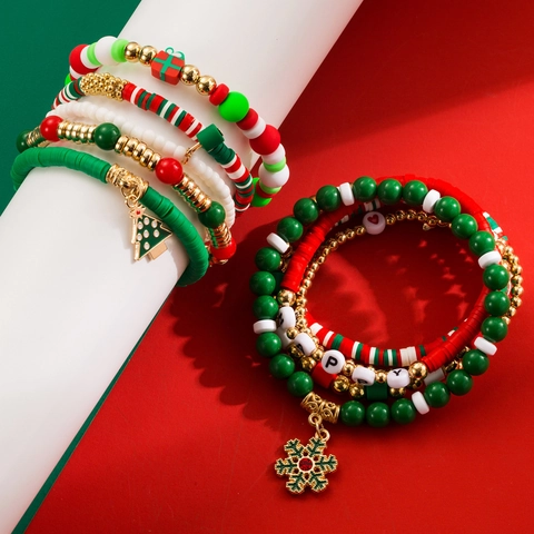 Set di Braccialetti di Perline in Argilla Polimerica di Natale da Donna Rosso Verde Bianco Oro Lega Albero di Natale Ciondolo Fiocco di Neve Gioielli