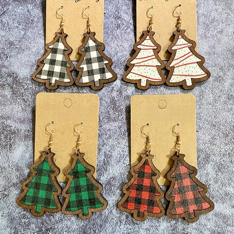 Pendientes Árbol Navidad Madera Cuadros Retro Joyería Fiesta Festiva Para Mujeres
