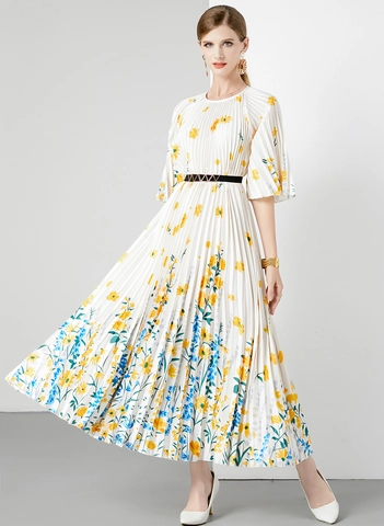 Elegantes Damen Plissee Midi Kleid Mit Blumendruck Rundhals Halbe Trompetenärmel Hohe Taille Mit Gürtel Lässige Mode