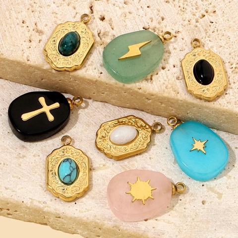 Ciondoli Vintage In Acciaio Inossidabile Pietra Naturale Gioielli DIY Simboli Croce Stella Sole Donna Stile Bohémien