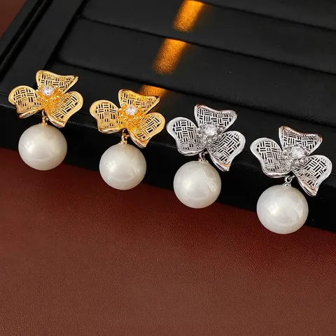 Bloem Kunstparel Hangende Oorbellen Hol Floraal Vintage Stijl Met Zirkonia Koper En 925 Sterling Zilveren Oorknopje