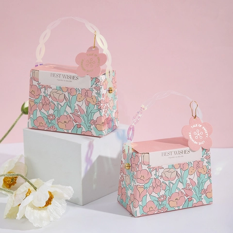 Retro Floral Gift Box Paper Candy Packaging Handheld Portable PVC Handle Wedding Birthday Party European Style
