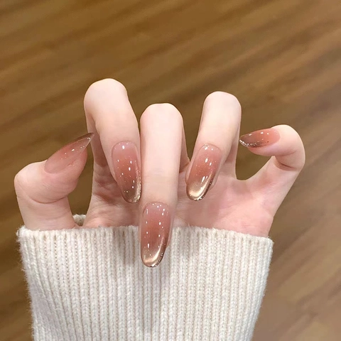 Faux Ongles Press On Long Ovale Dégradé Ambre Caramel Oeil De Chat Scintillant Réutilisable Élégant Femmes