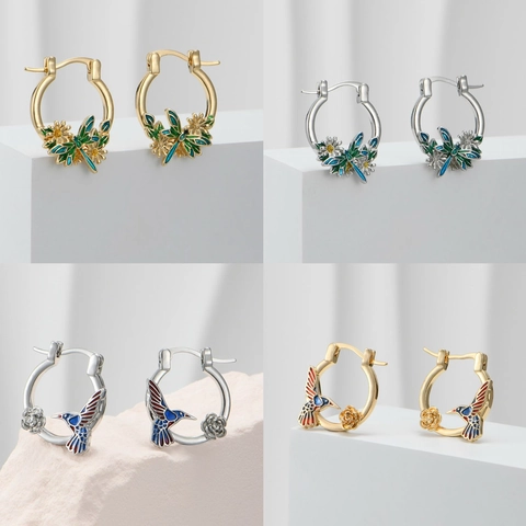 Copper Enamel Nature Animal Floral Hoop Earrings Kingfisher Hummingbird Dragonfly Rose Daisy Huggie Jewelry For Women