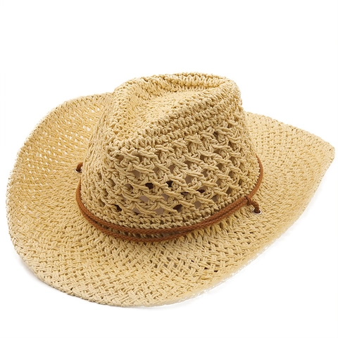 Western Cowboy Hat Paper Straw Hollow Out Breathable Wide Brim Sun Protection Summer Beach Ethnic Style For Men Women